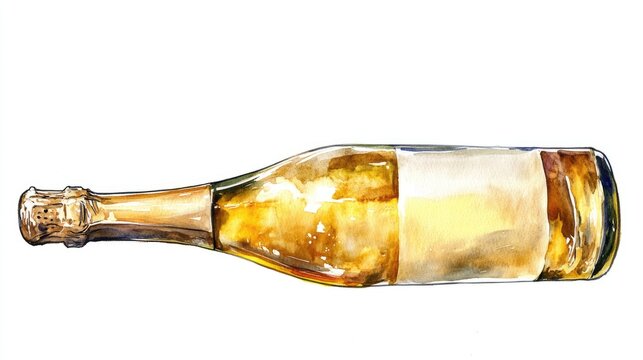 Watercolor illustration of a champagne or prosecco bottle Hand drawn depiction of a transparent bottle with yellow wine against an isolated background ideal for menus and bar use
