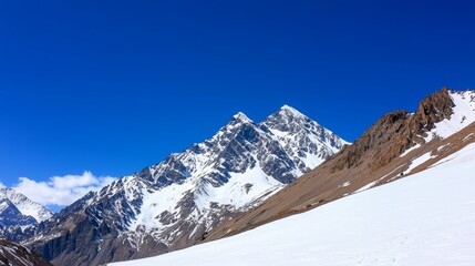 Majestic mountain range with snow-capped peaks and clear blue sky above. Majestic Mountain Range