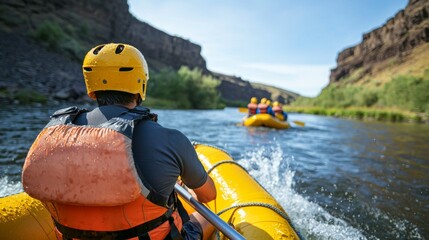 A group of travelers rafting down a wild river with splashing water and scenic cliffs. River Rafting Adventure