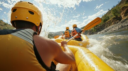 Obraz premium A group of travelers rafting down a wild river with splashing water and scenic cliffs. River Rafting Adventure
