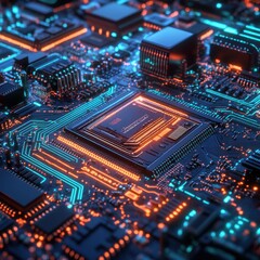 Obraz premium Futuristic Circuit Board with Glowing Blue and Orange Lines.