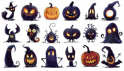 Cute Spooky Set of Halloween Monsters and Characters in Cartoon Style - Digital Art on White Background
