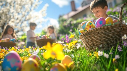 Happy Easter Basket with Colorful Eggs in a Field of Flowers.