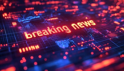 Dynamic image of "Breaking News" text over a glowing digital world map, featuring bright red and blue tones, ideal for news broadcasts.
