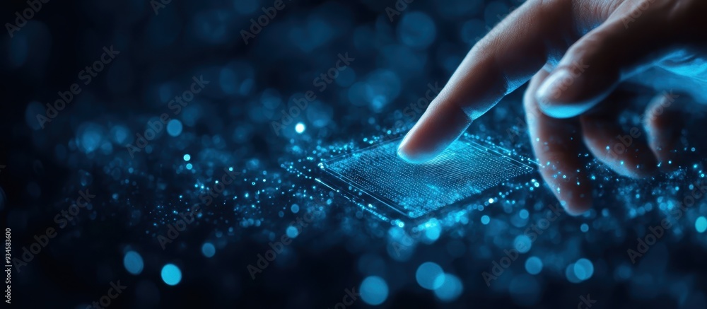 Poster a photograph of a fingernail touching a biometric id system with a dark blue background. the finger 