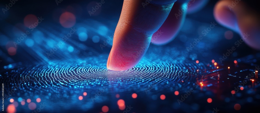 Poster a photograph of a fingernail touching a biometric id system with a dark blue background. the finger 
