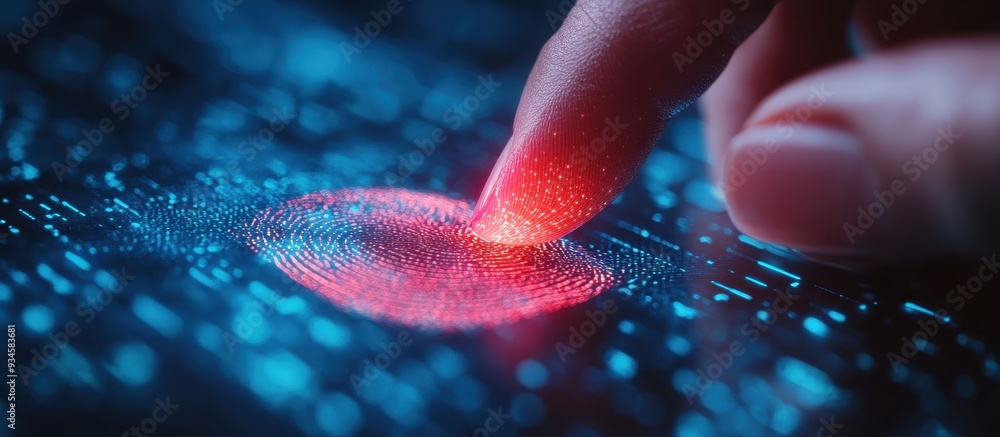 Poster a photograph of a fingernail touching a biometric id system with a dark blue background. the finger 