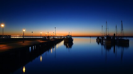 Obraz premium Twilight Harbor Pier with Warm Lights Reflecting on Calm Water