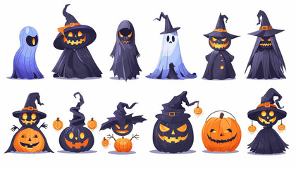 Cute Spooky Set of Halloween Monsters and Characters in Cartoon Style - Digital Art on White Background