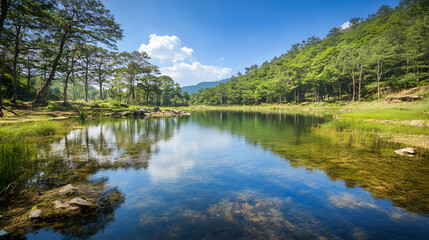 Obraz premium Untouched Natural Landscape: Blue Lake Embraced by Green Forests and Wildlife, a Haven of Environmental Conservation