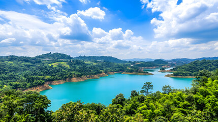 Obraz premium Untouched Natural Landscape: Blue Lake Embraced by Green Forests and Wildlife, a Haven of Environmental Conservation