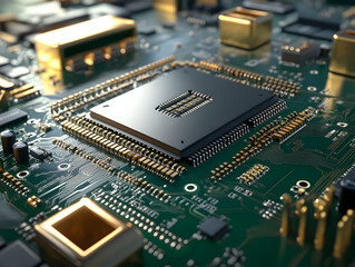 Obraz premium Detailed Circuit Chip against Green Board, Highlighting Precision Engineering in Computer Components,technology concept