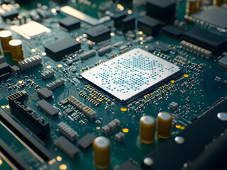 Fototapeta premium Detailed Circuit Chip against Green Board, Highlighting Precision Engineering in Computer Components,technology concept