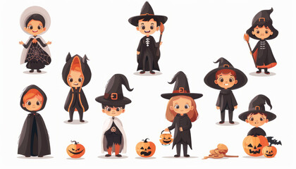 Naklejka premium Cute Spooky Set of Halloween Monsters and Characters in Cartoon Style - Digital Art on White Background