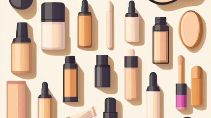 Beauty & Skincare Diversity - Flat Design Illustration of Various Foundation Makeup Bottles