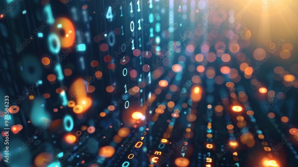 Poster abstract digital background with binary code and blurred lights