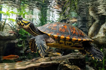 Obraz premium Colorful turtle swimming in aquarium with underwater plants and rocks