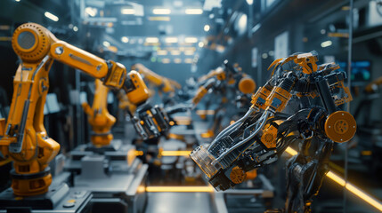 Robotic Precision: A cutting-edge robotic arm in an automated factory, expertly assembling components with flawless accuracy. Industrial machines in full operation
