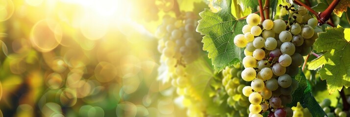 Bunch of white grapes with green leaves growing on a vine in a vineyard.