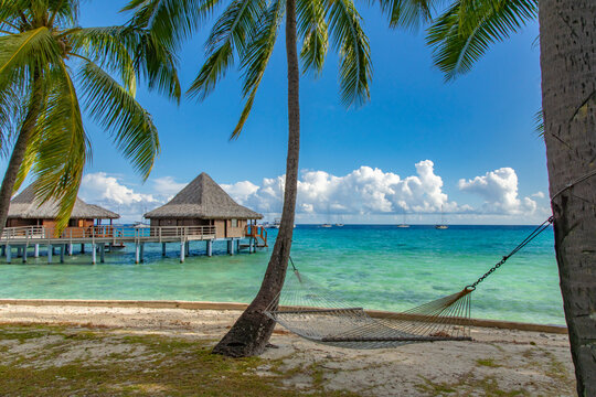 French Polynesia, Rangiroa Atoll. Overwater bungalows. 