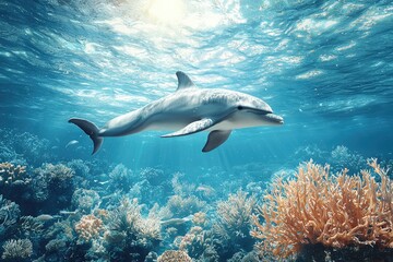 Fototapeta premium Dolphin swimming gracefully through coral reef underwater
