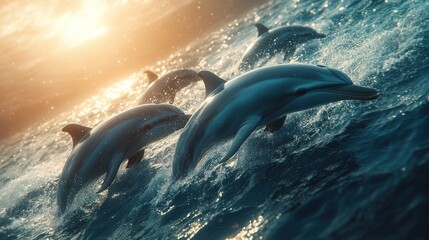 Naklejka premium Dolphins Jumping Out of the Water at Sunset