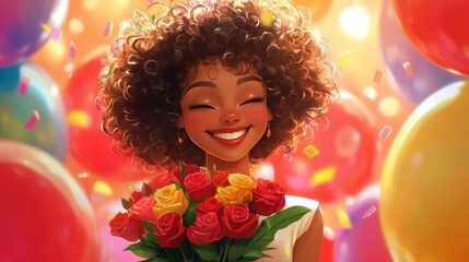 Joyful cartoon character with curly hair receiving a vibrant bouquet of roses and smiling surrounded by colorful party balloons bright red backdrop