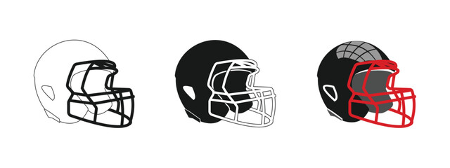 American football helmet, rugby ball, sports equipment, available in outline, black and colored, editable vector eps 10.