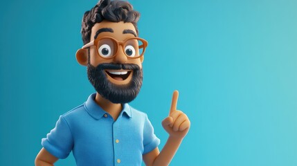Stylish 3D cartoon character with a beard in a blue shirt smiling and pointing with his finger