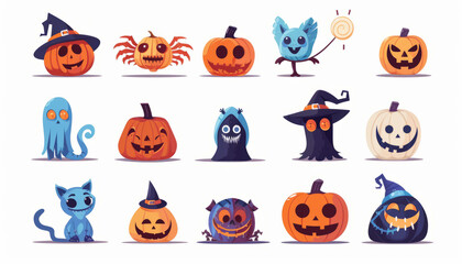 Cute and Spooky Set of Halloween Monsters and Characters in Cartoon Style - Digital Art on White Background