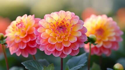 Three pink and yellow dahlia flowers in bloom with green leaves in the background.