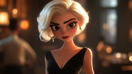 Fototapeta premium Stylish animated character with glamorous makeup and blonde hair wearing a chic short black dress