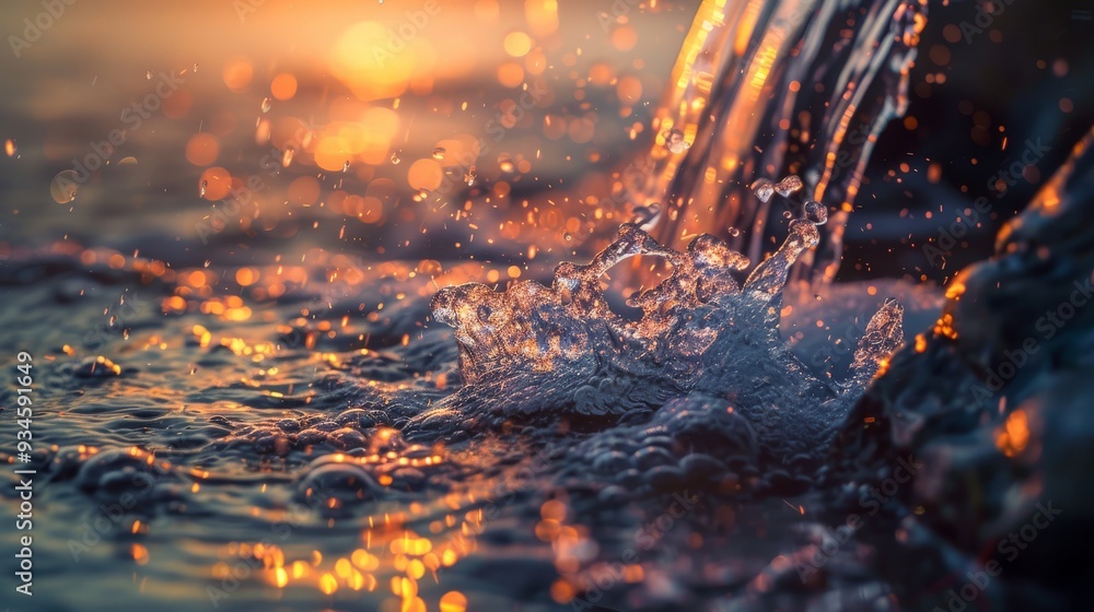 Poster Water splashes illuminated by warm sunset light, creating a dynamic and mesmerizing scene full of motion and glowing droplets..