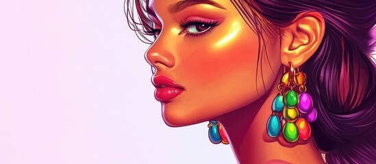 Fototapeta premium Stylish cartoon lady with colorful earrings close up view Fun accessories jewelry and playful adornments theme