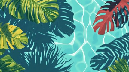 Naklejka premium Tropical Oasis - Swimming Pool with AI-Generated Leaf Shadows | Flat Design Summer Scene Illustration