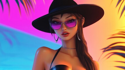 Stylish young lady in a black hat and bikini in a vibrant 3D cartoon scene