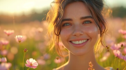 Naklejka premium Young Woman Smiling While Standing Among Colorful Wildflowers During Golden Hour in Nature