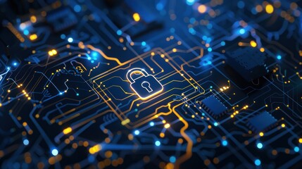 Cybersecurity - Padlock Icon on Circuit Board