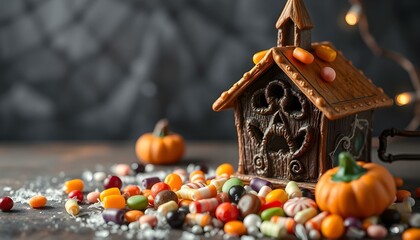 Fototapeta premium Candy-Covered Gingerbread House and Autumn Treats