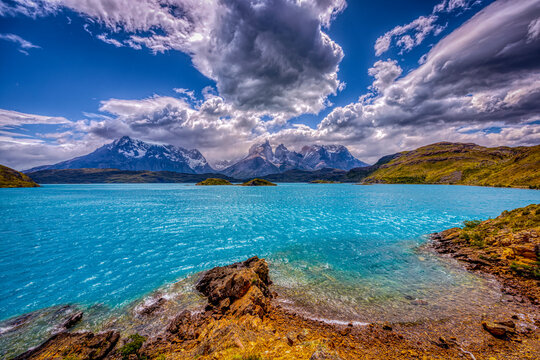 Chile, Torres del Paine National Park. Landscape with lake and Cerro Paine Grande mountains.