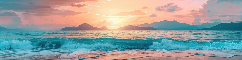 Pastel-hued sunset over a tropical paradise with turquoise waves gently lapping at a sandy shore, featuring picturesque mountain silhouettes against a sky of blue clouds highlighted with pink.