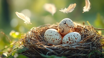 Fototapeta premium Three speckled bird eggs in a nest with feathers floating above.