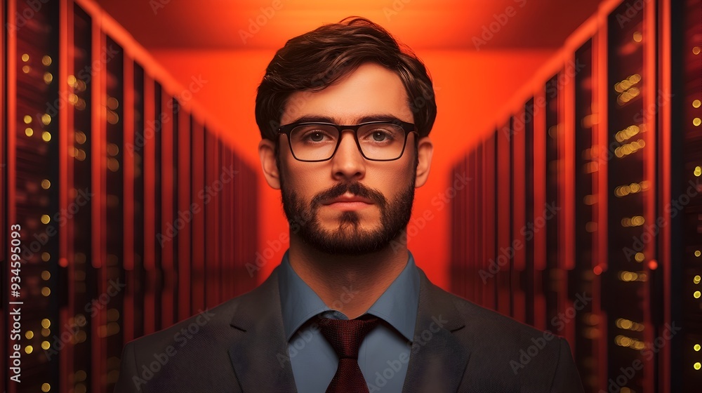 Poster server room technician monitoring massive data systems