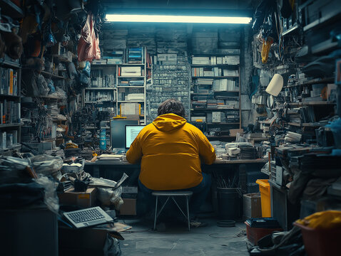 Hoarding, programmer, nerd is stereotype, obese, working on the computer