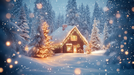 Naklejka premium Holiday background with a cozy cabin and snow