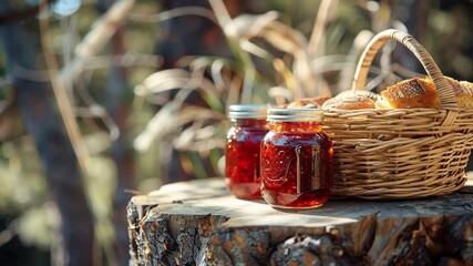 Enjoy a peaceful picnic with homemade jam and bread in nature. Perfect for a rustic outdoor snack