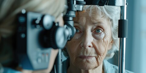 Elderly woman seeking eye care at an optometrist's clinic for vision evaluation and eye health examination, while the optician assesses eyesight and retinal condition during the consultation.