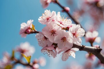 Obraz premium Delicate Pink Flowers Blooming on a Branch Against a Blue Sky