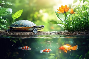 Tranquil underwater scene with turtle, goldfish and colorful flowers