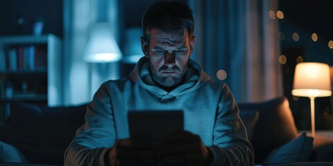 A man attentively reads the news on his smartphone while seated in front of a laptop during the late night hours.